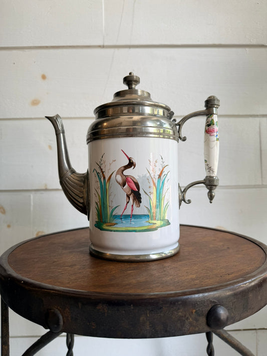 Antique c. 1885 Manning Bowman Enamelware & Pewter Teapot