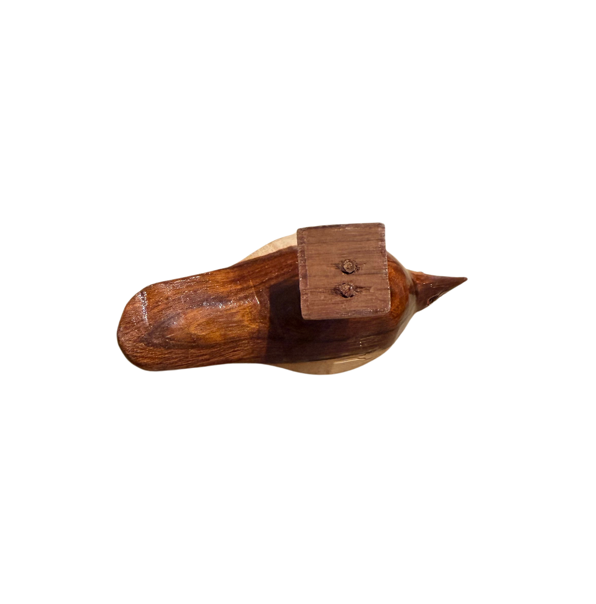 Hand-Carved Two-Toned Wooden Bird Figurine on Wooden Base