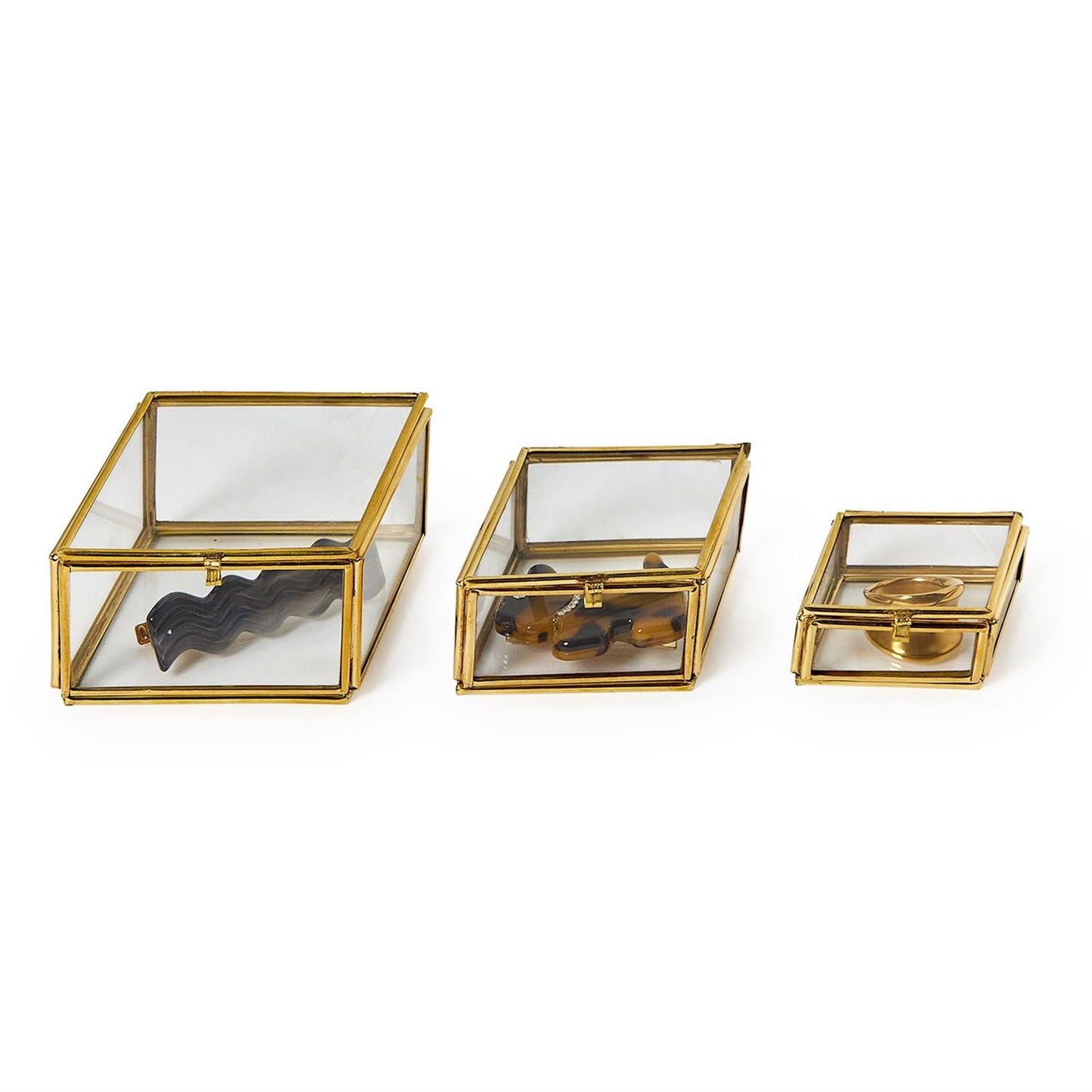 Set of 3 Brass and Glass Decorative Nesting Trinket Boxes