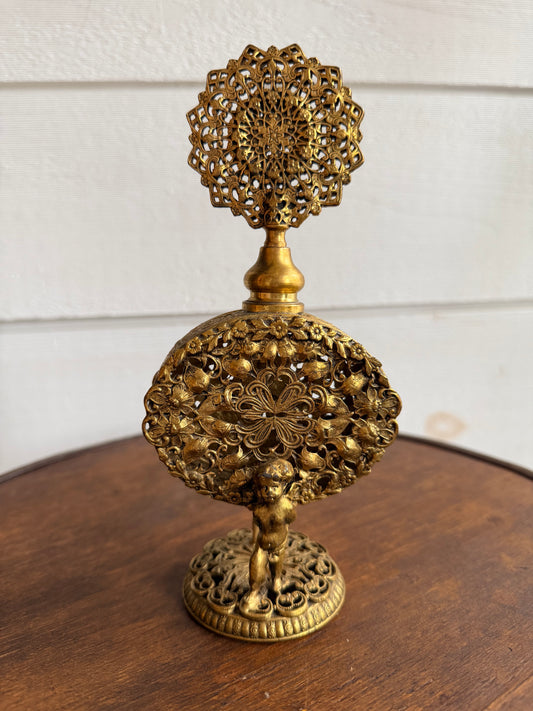 Ormolu Perfume Bottle w/ Filigree & Cherub Details