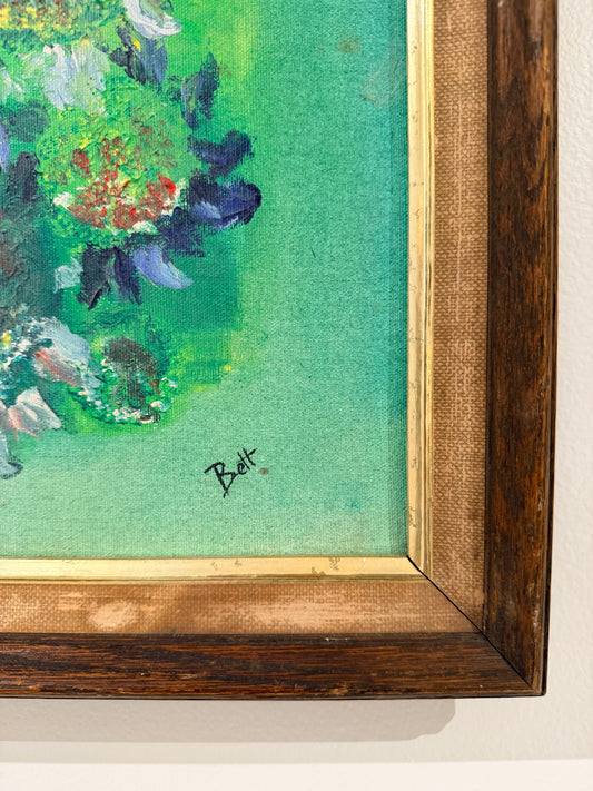 Floral Oil Painting w/ Green Background on Canvas