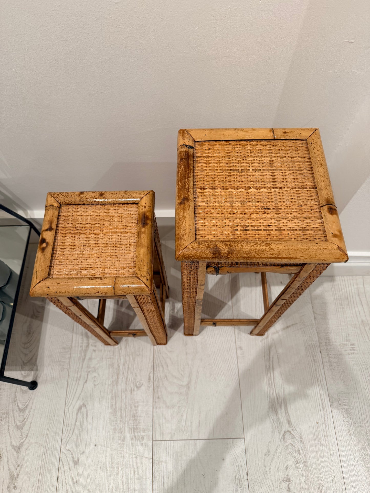 Pair of Bamboo & Rattan Nesting Plant Stand Tables