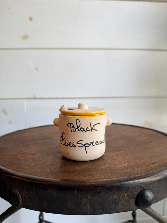 French Hand-Painted Earthenware Tapenade Serving Pot w/ Lid & Spoon