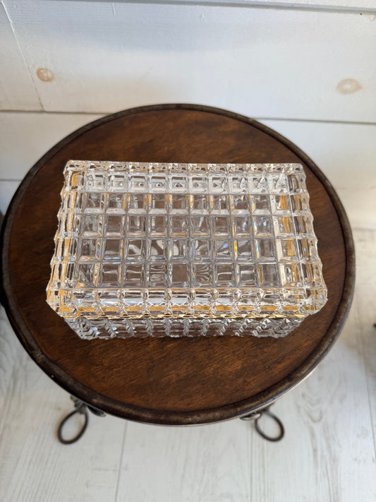 Mid-Century Baccarat-Style Cut Glass Casket Box w/ Brass Banding