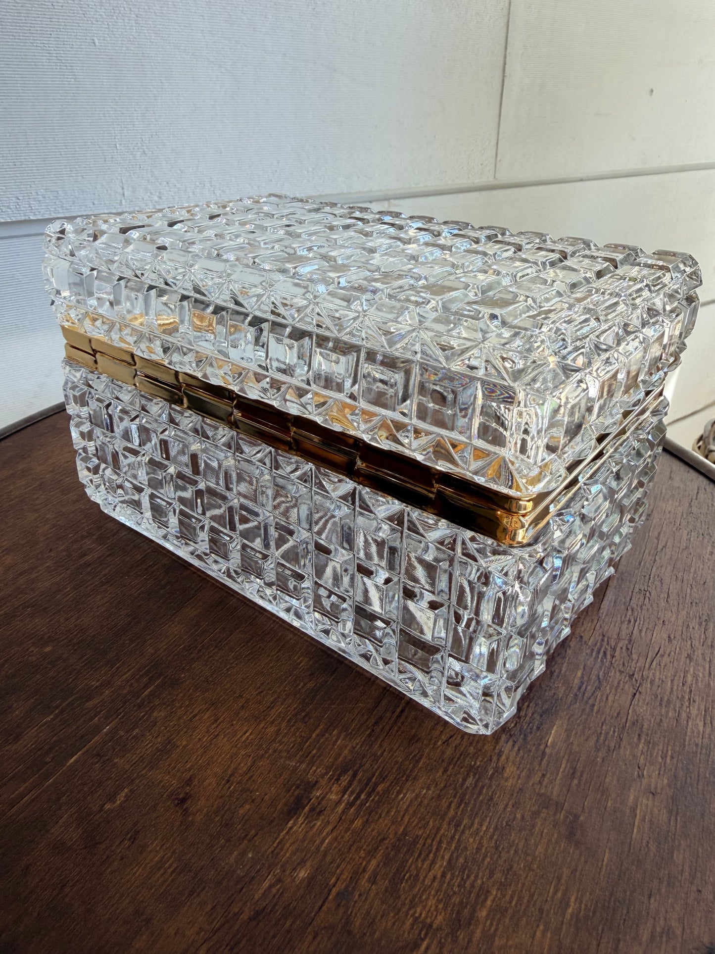 Mid-Century Baccarat-Style Cut Glass Casket Box w/ Brass Banding