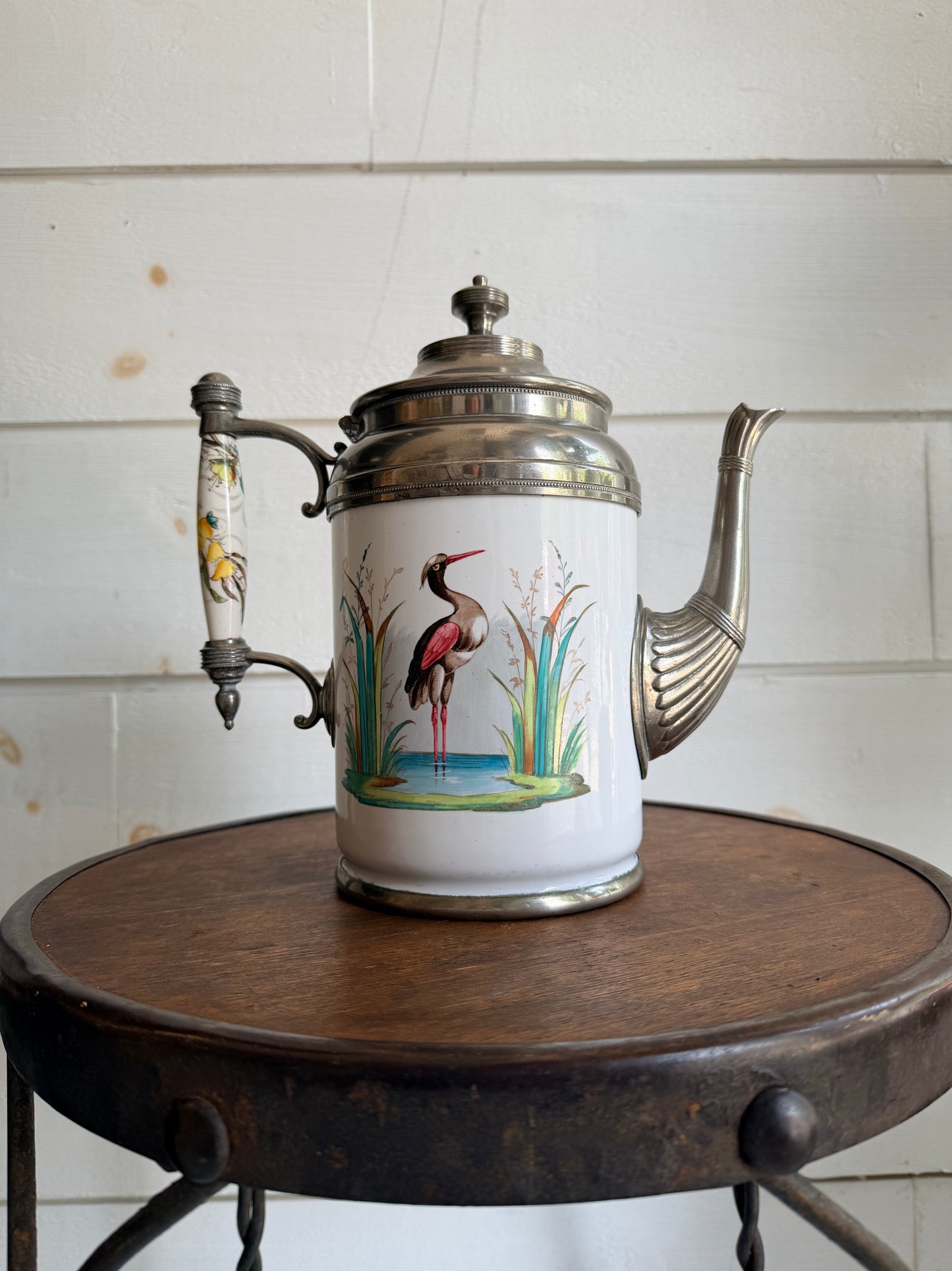 Antique c. 1885 Manning Bowman Enamelware & Pewter Teapot