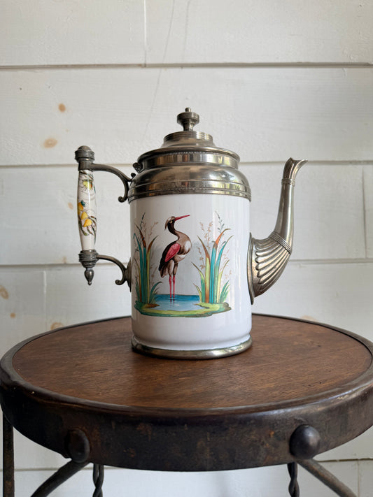 Antique c. 1885 Manning Bowman Enamelware & Pewter Teapot