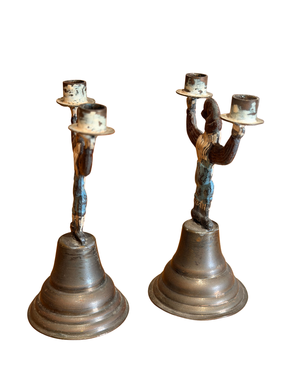 Pair of Painted Cast Iron Gnome Figural Double Candlesticks