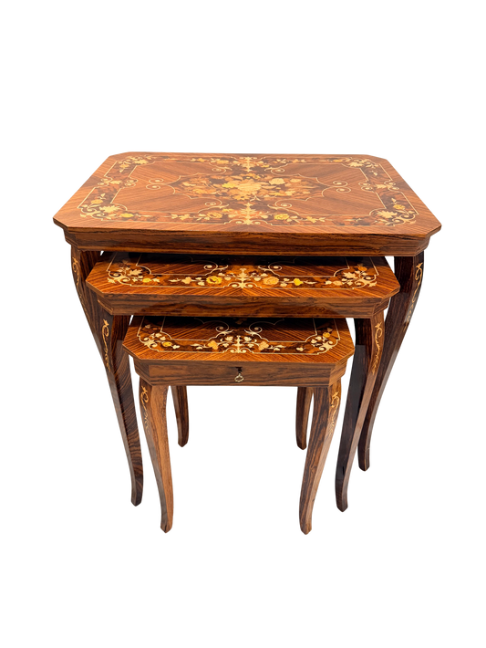 Set of 3 Italian Sorrento Marquetry Nesting Tables