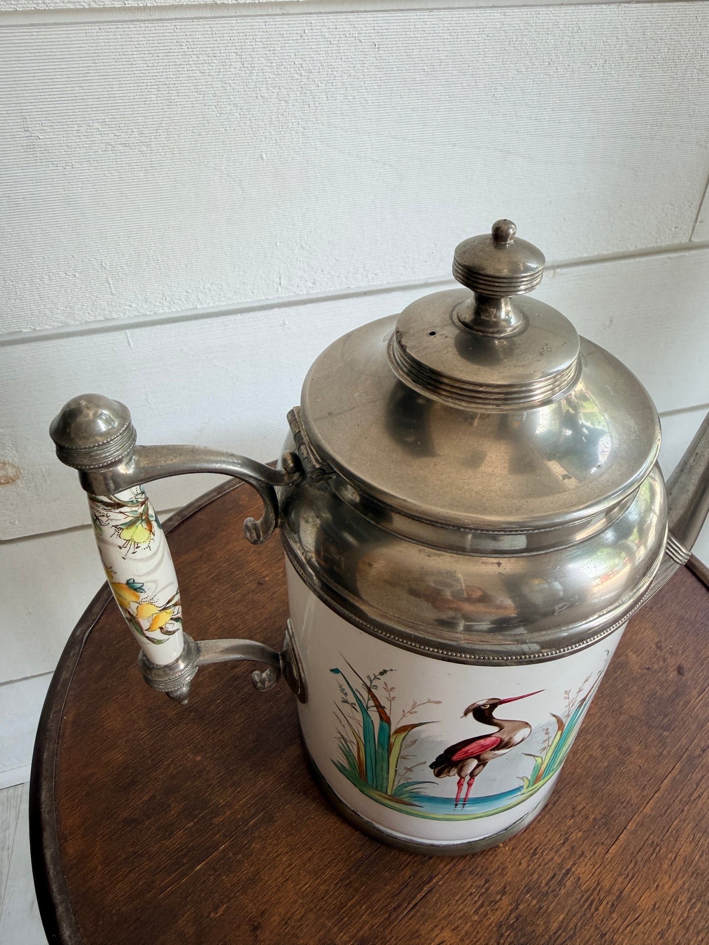 Antique c. 1885 Manning Bowman Enamelware & Pewter Teapot