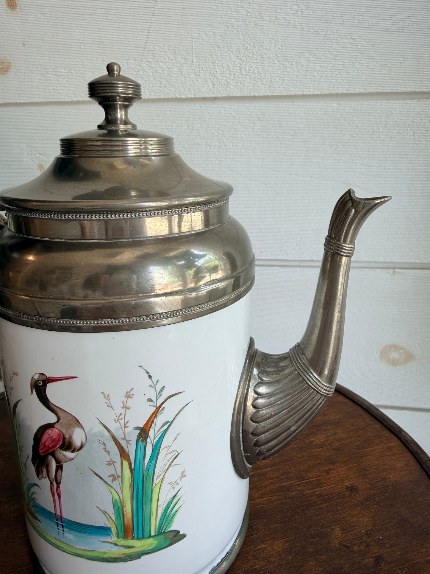 Antique c. 1885 Manning Bowman Enamelware & Pewter Teapot