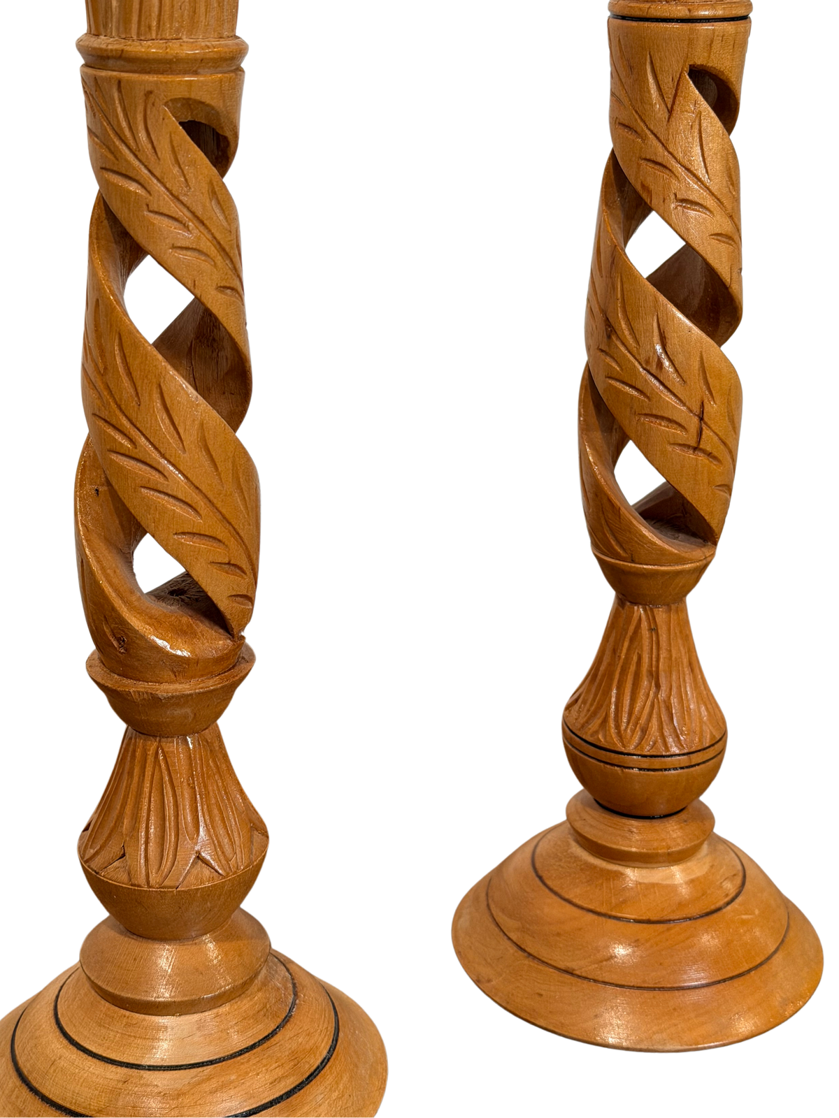 Pair of Hand-Carved Olive Wood Candlesticks