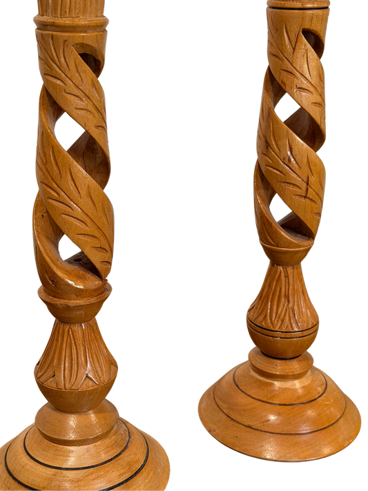 Pair of Hand-Carved Olive Wood Candlesticks