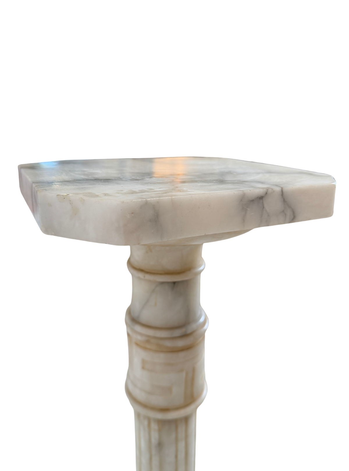 Neoclassical Carved Alabaster Pedestal with Greek Key Detail