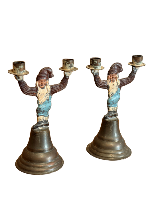 Pair of Painted Cast Iron Gnome Figural Double Candlesticks