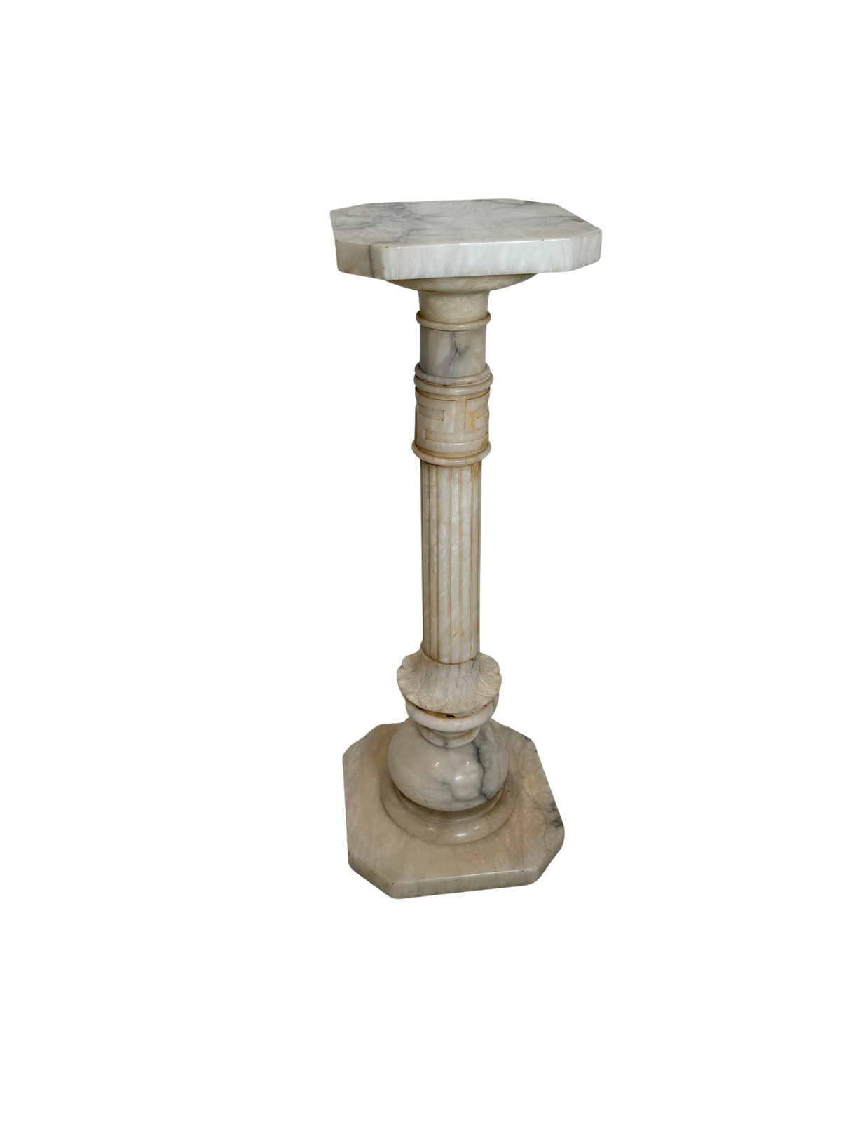 Neoclassical Carved Alabaster Pedestal with Greek Key Detail