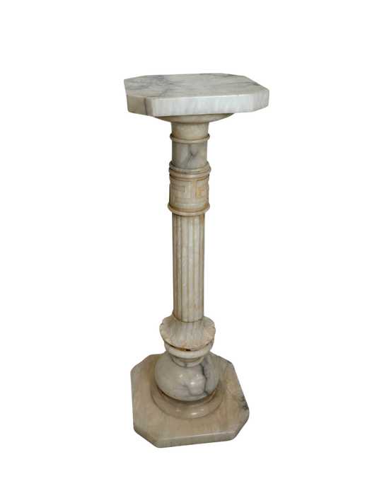 Neoclassical Carved Alabaster Pedestal with Greek Key Detail