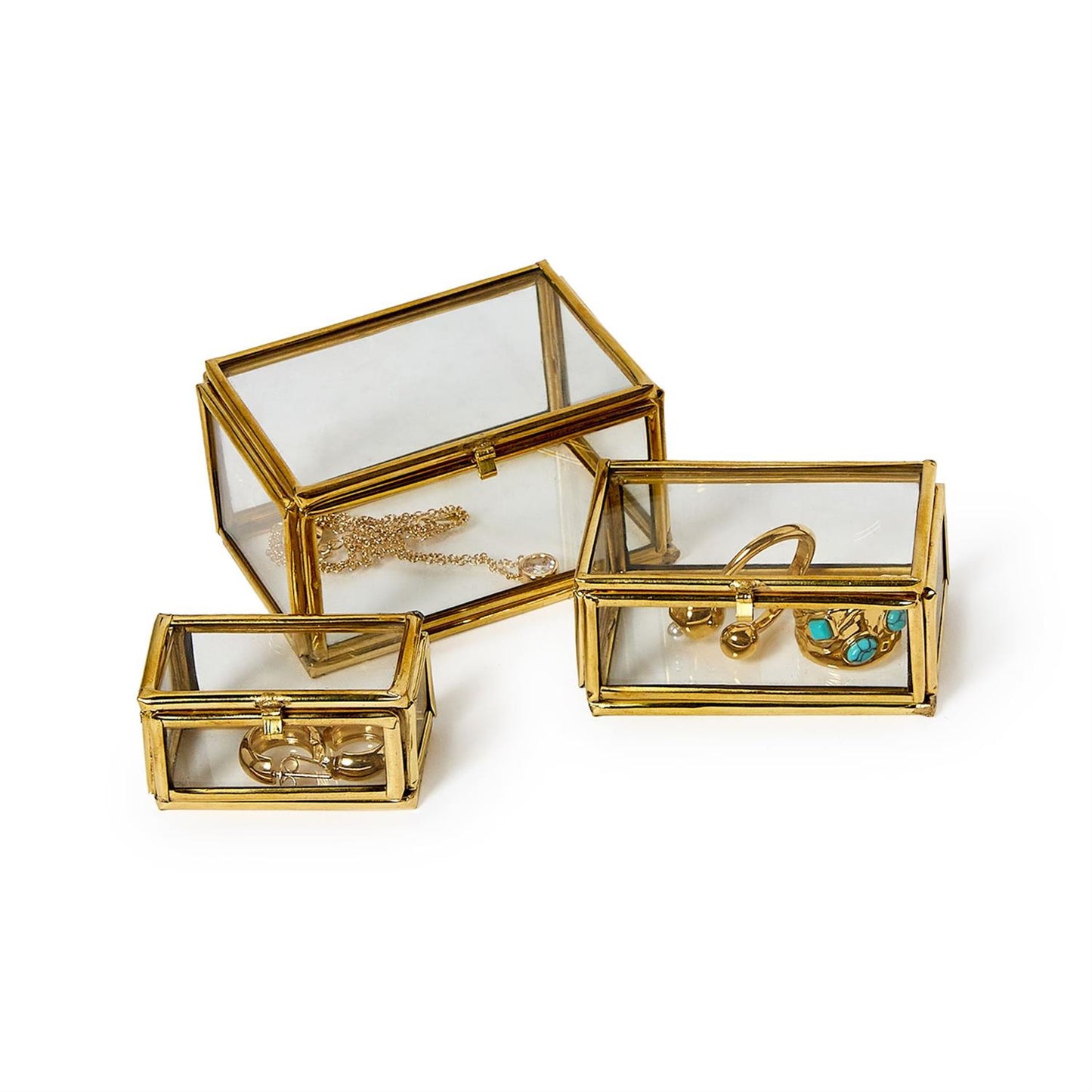 Set of 3 Brass and Glass Decorative Nesting Trinket Boxes