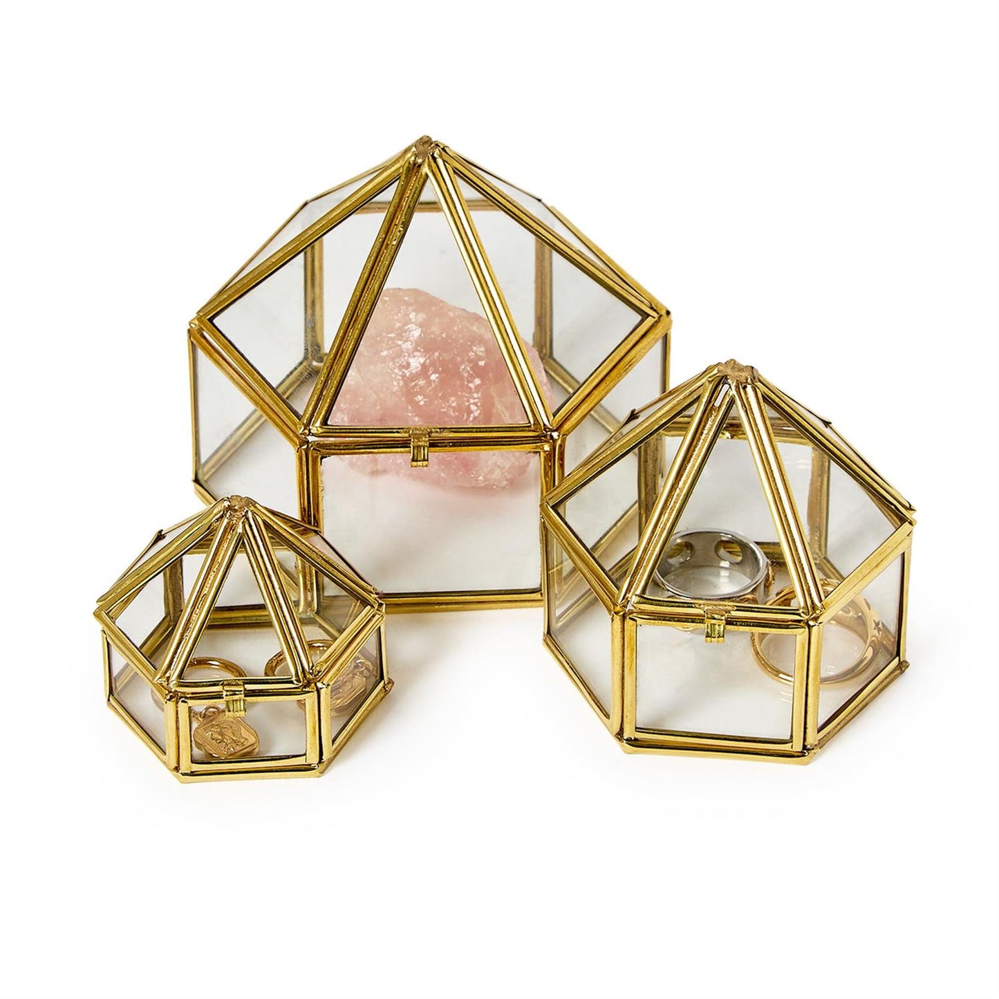 Set of 3 Brass and Glass Decorative Nesting Trinket Boxes