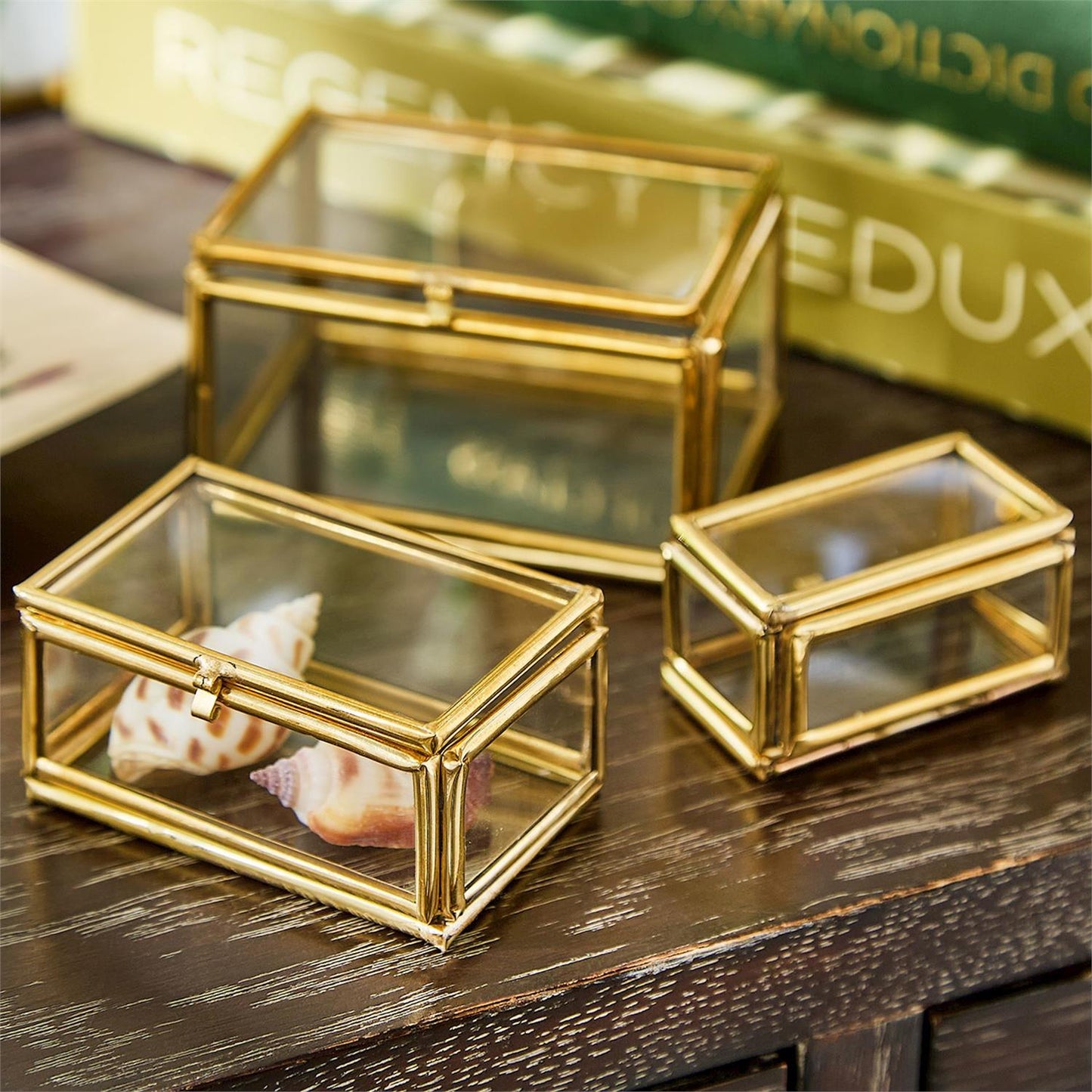 Set of 3 Brass and Glass Decorative Nesting Trinket Boxes