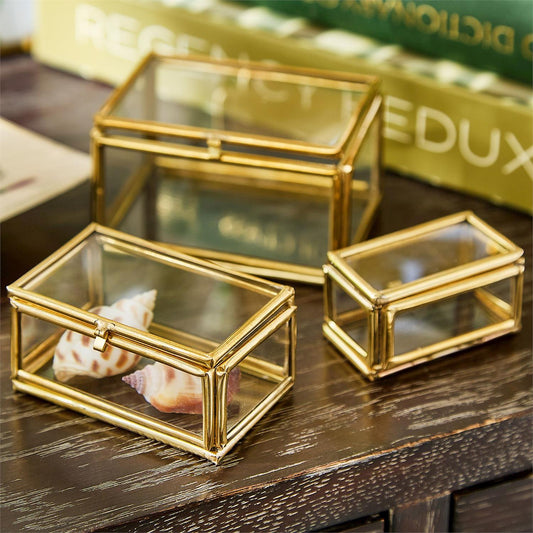 Set of 3 Brass and Glass Decorative Nesting Trinket Boxes