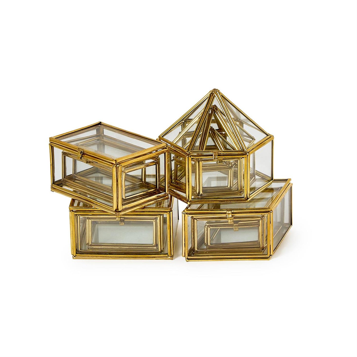 Set of 3 Brass and Glass Decorative Nesting Trinket Boxes