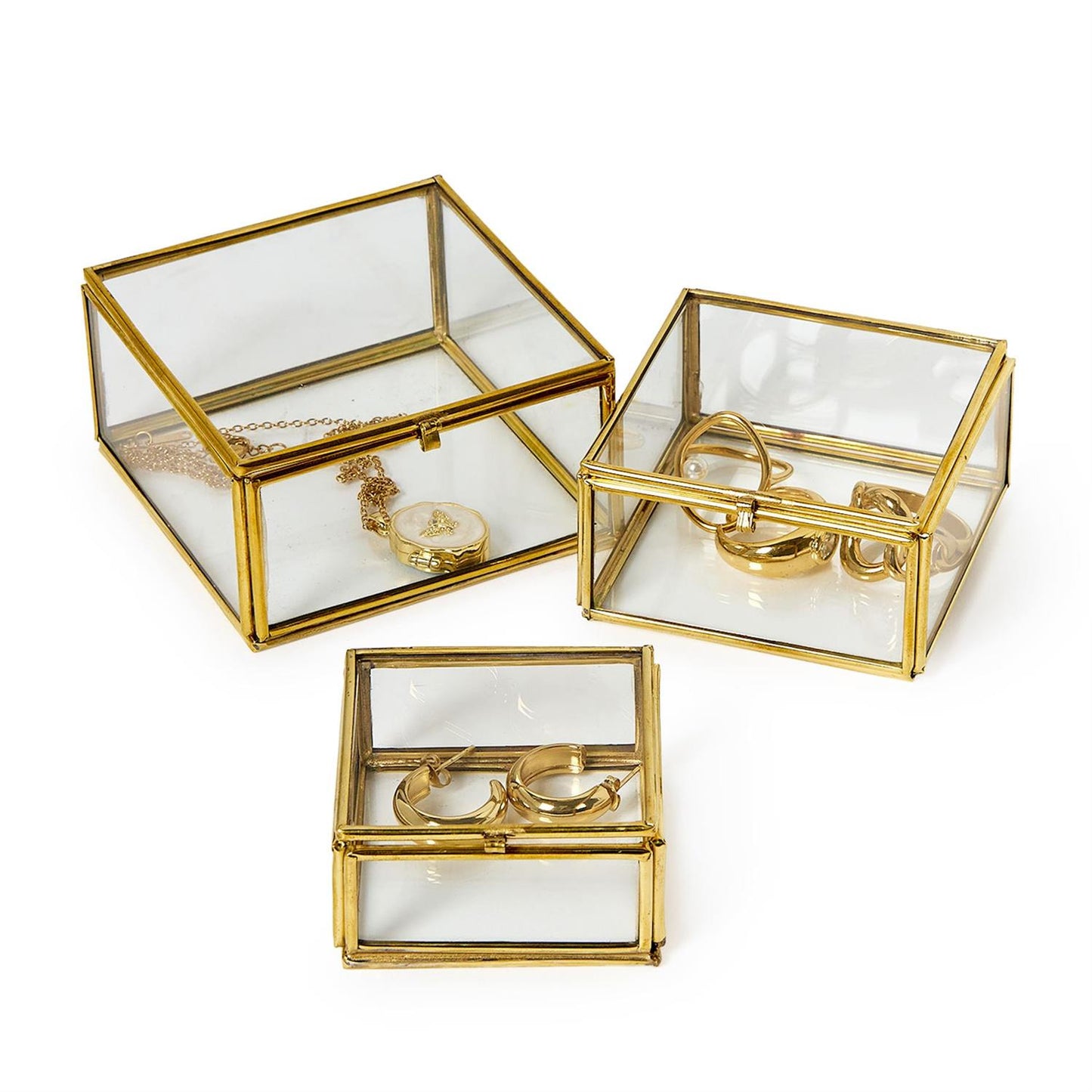 Set of 3 Brass and Glass Decorative Nesting Trinket Boxes