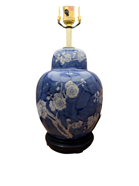 Blue & White Porcelain Ginger Jar Lamp with Blossom Motif