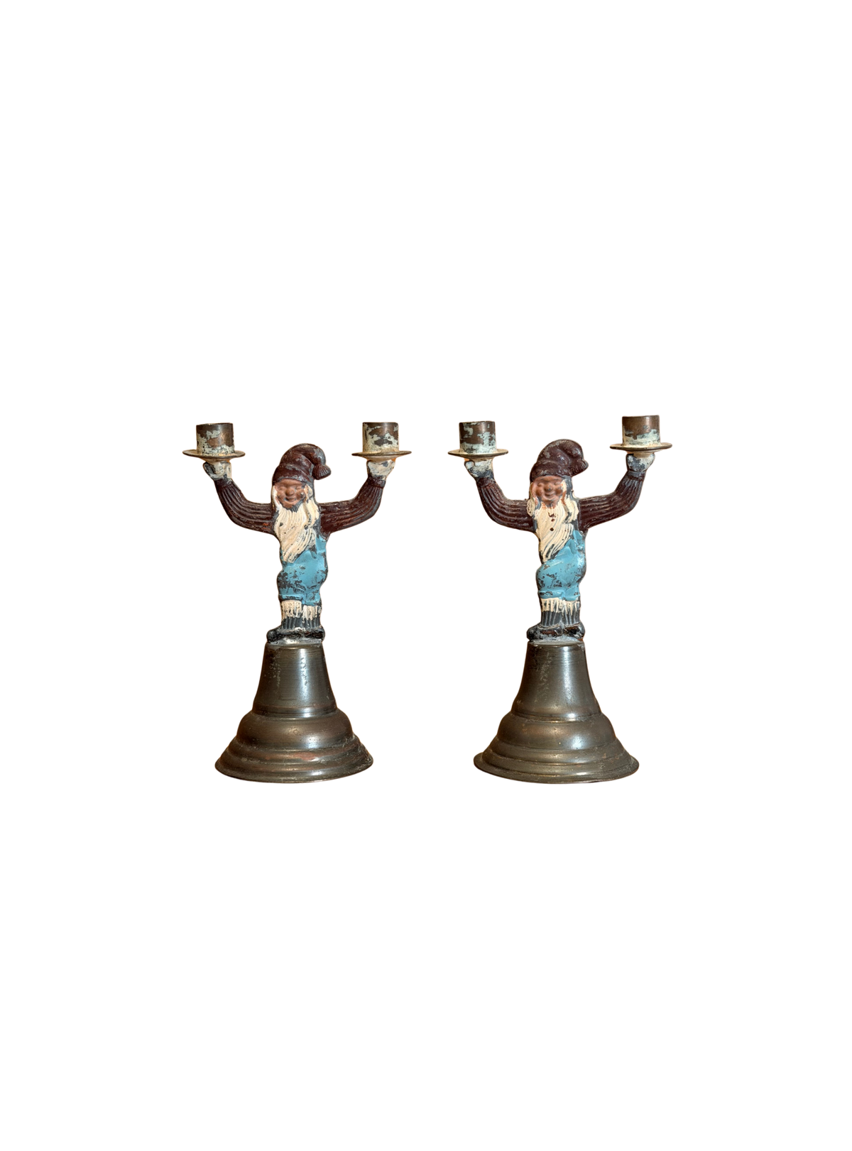 Pair of Painted Cast Iron Gnome Figural Double Candlesticks