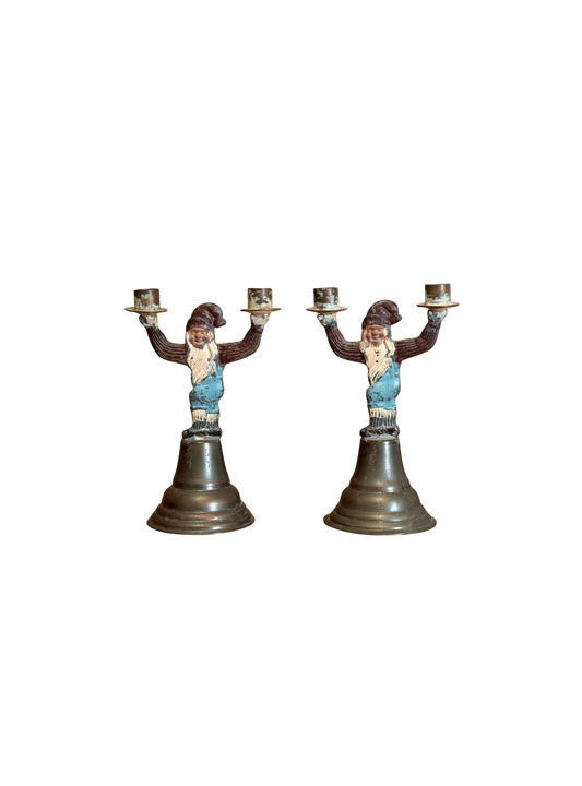 Pair of Painted Cast Iron Gnome Figural Double Candlesticks