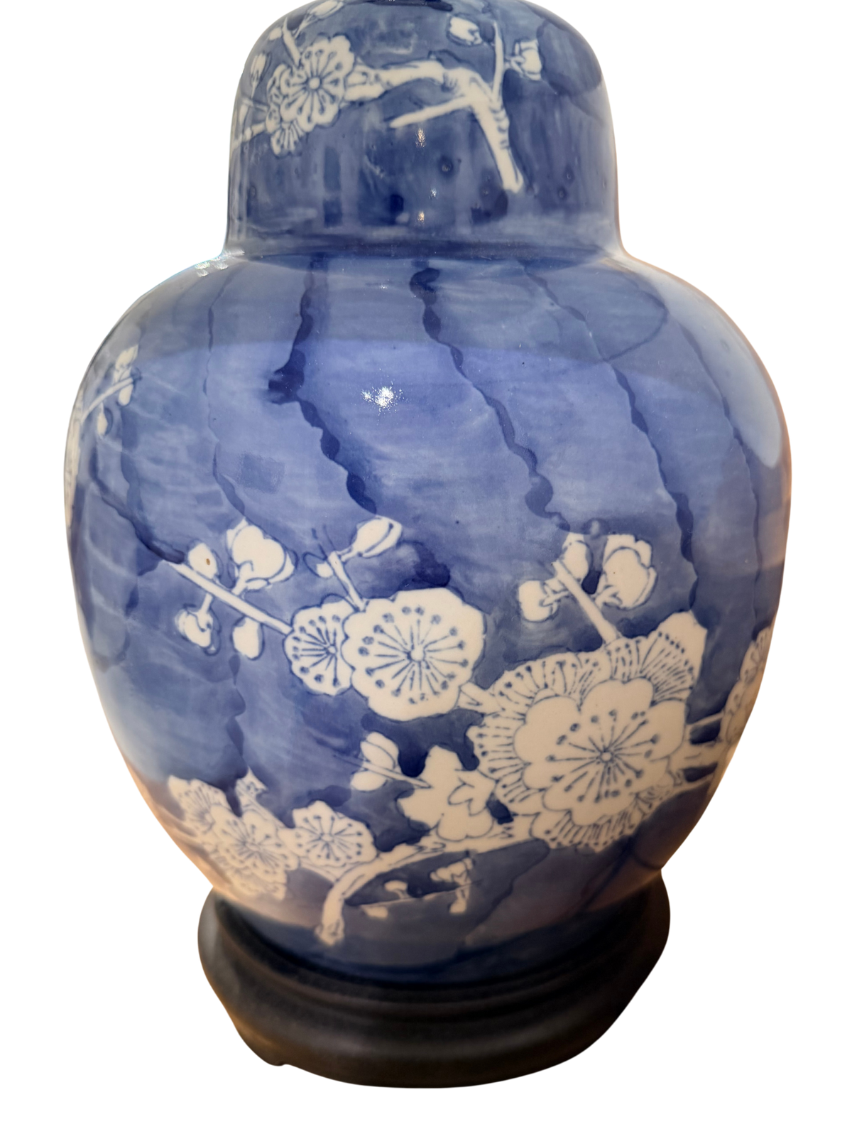 Blue & White Porcelain Ginger Jar Lamp with Blossom Motif