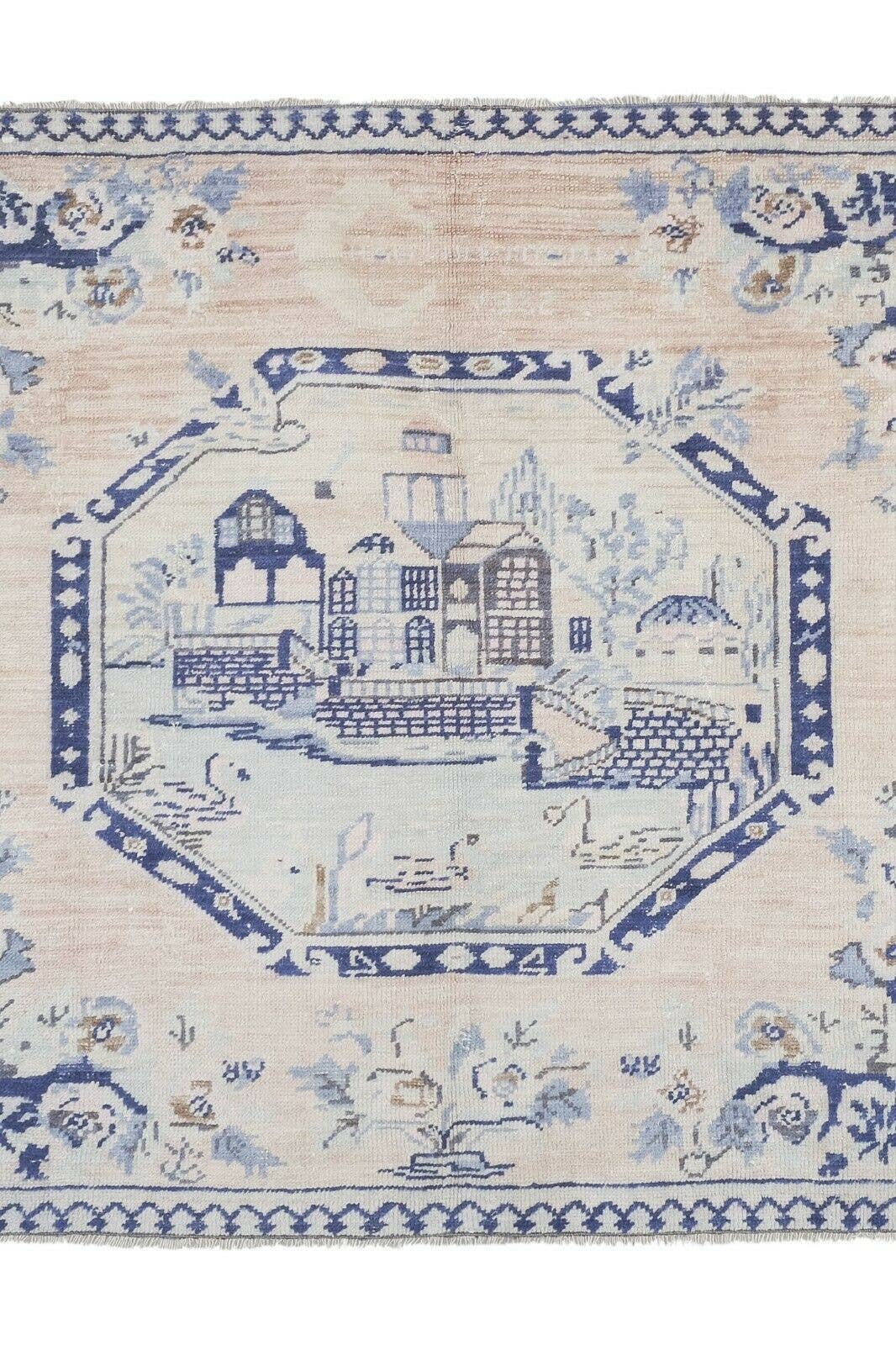 Vintage 4'11" x 6'5" Pastel Village Pictorial Turkish Rug