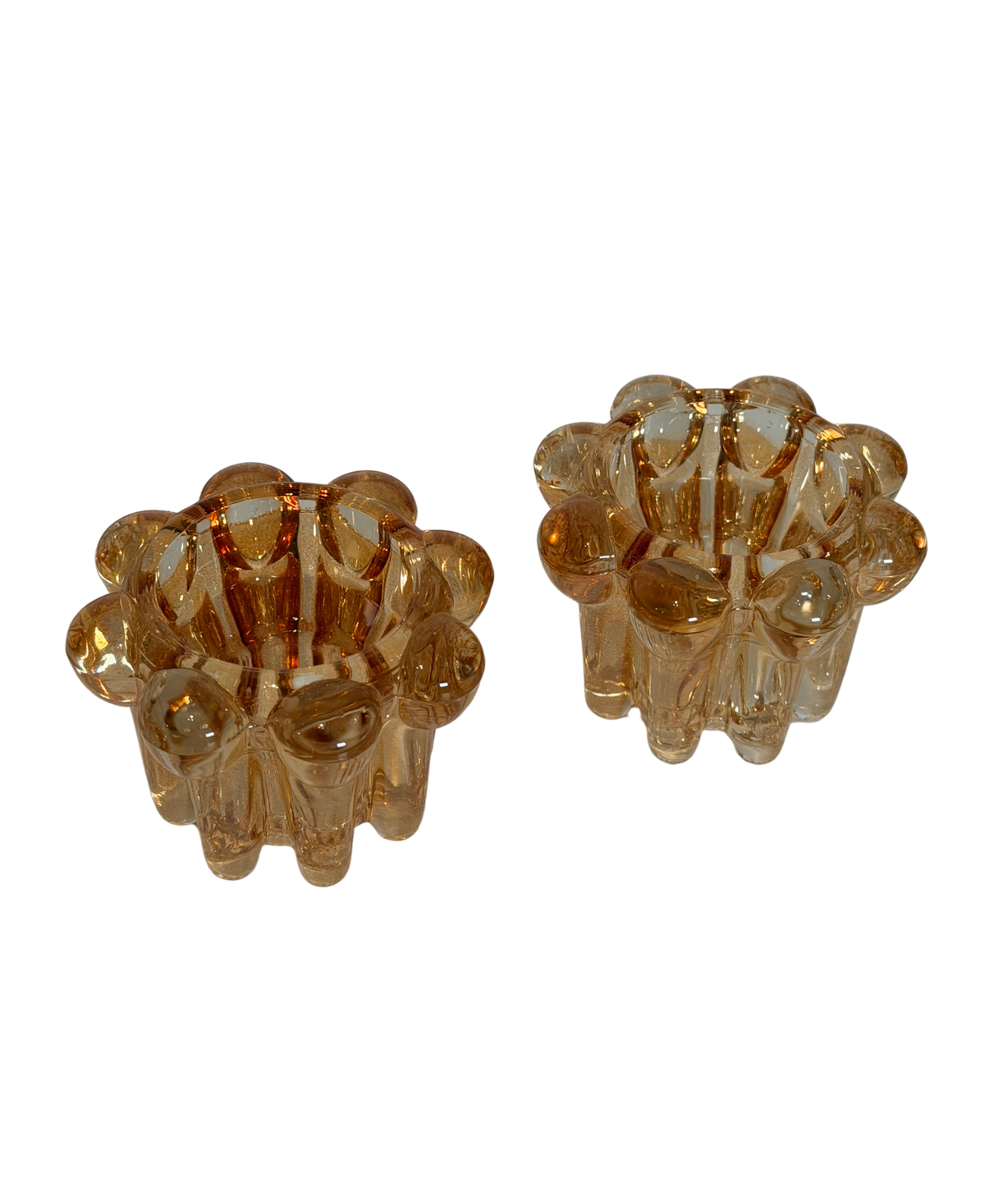 Pair of Reims France Mid-Century Amber Glass Bubble Candle Holders
