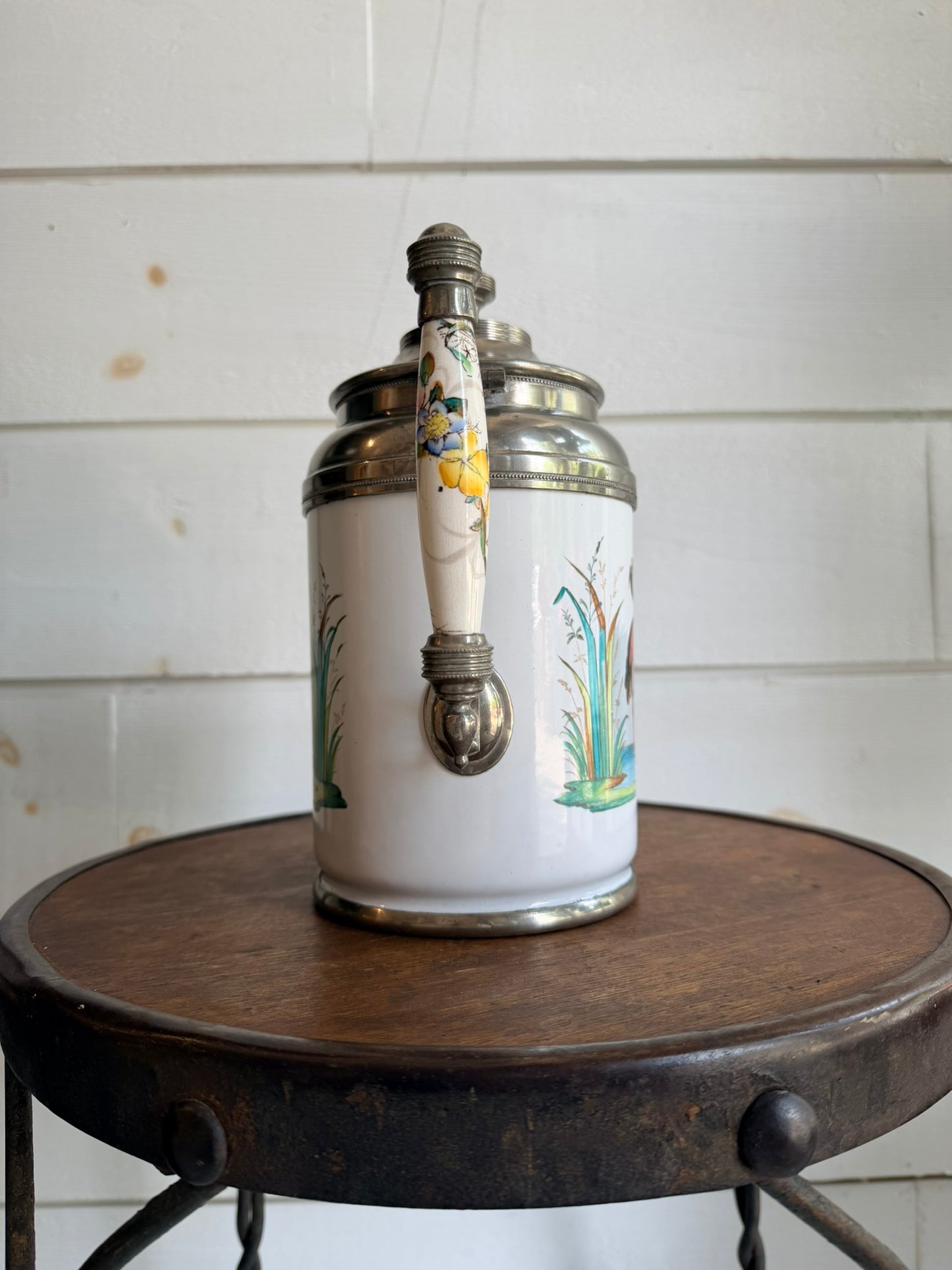 Antique c. 1885 Manning Bowman Enamelware & Pewter Teapot
