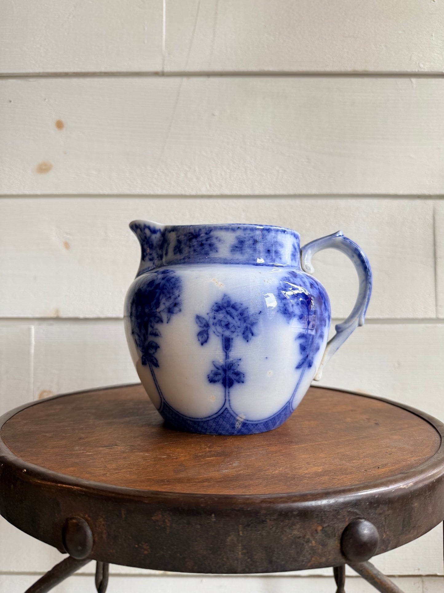 Antique J&E Mayer "Argyle" Pattern Flow Blue Pitcher