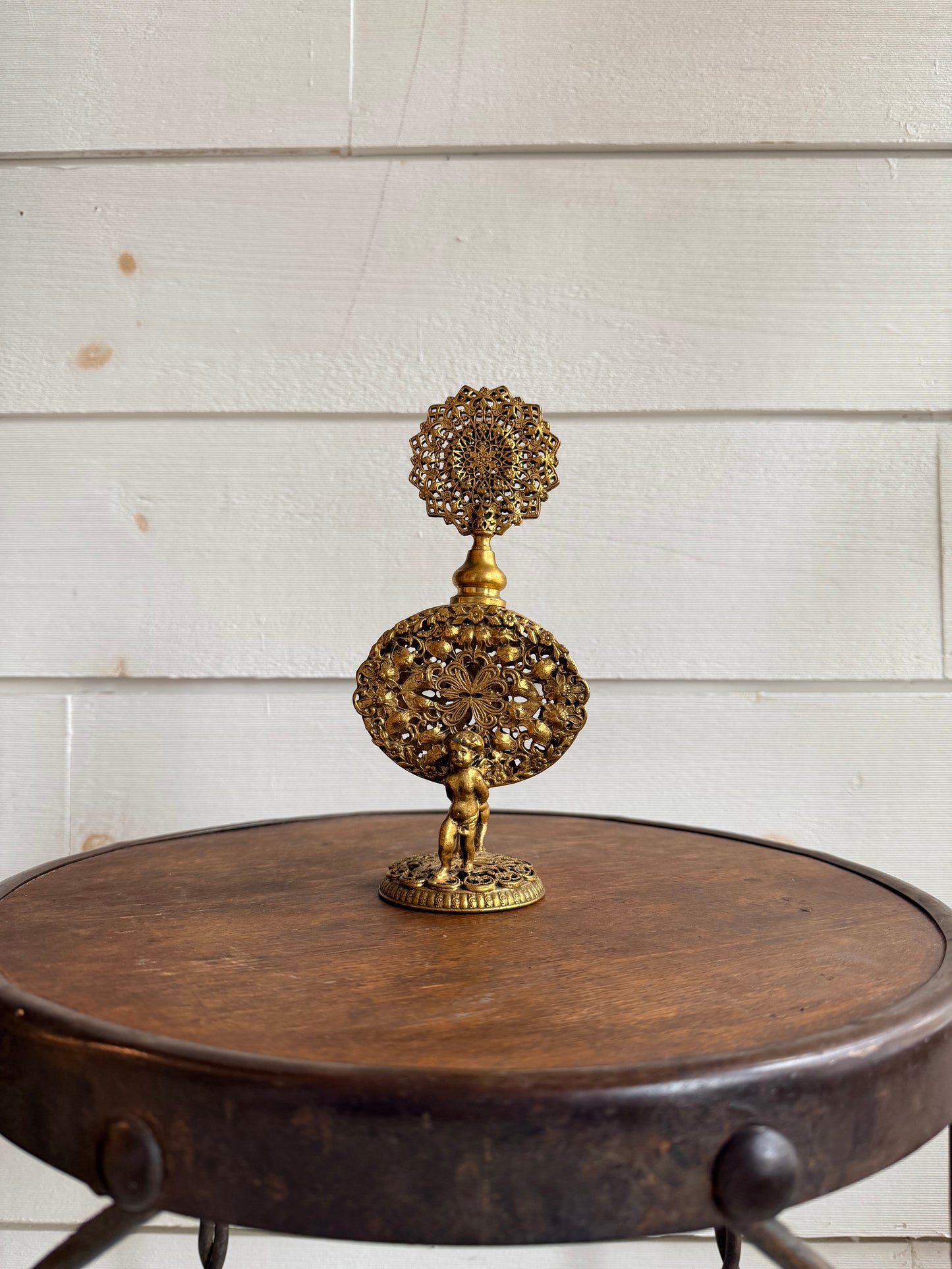 Ormolu Perfume Bottle w/ Filigree & Cherub Details