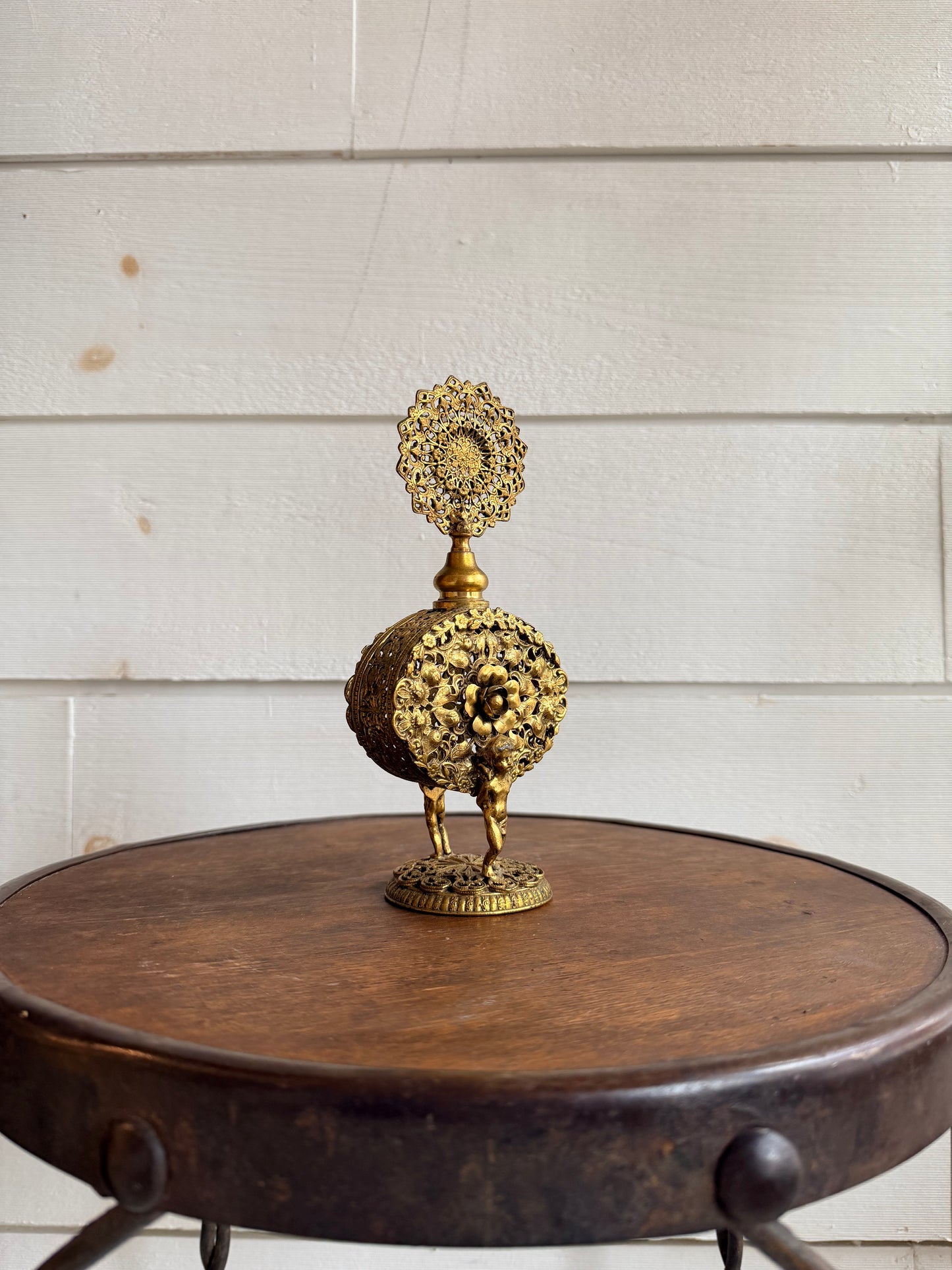 Ormolu Perfume Bottle w/ Filigree & Cherub Details