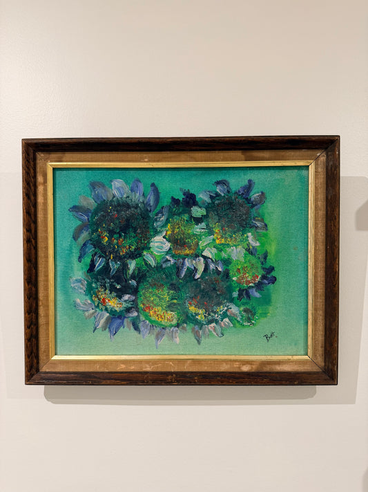 Floral Oil Painting w/ Green Background on Canvas