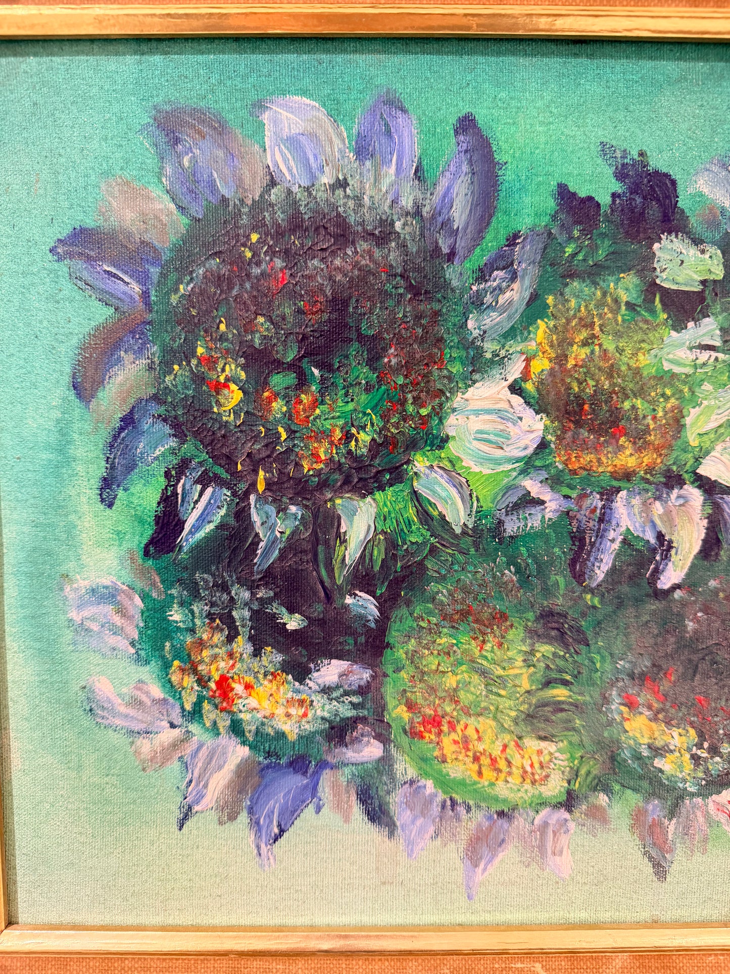 Floral Oil Painting w/ Green Background on Canvas