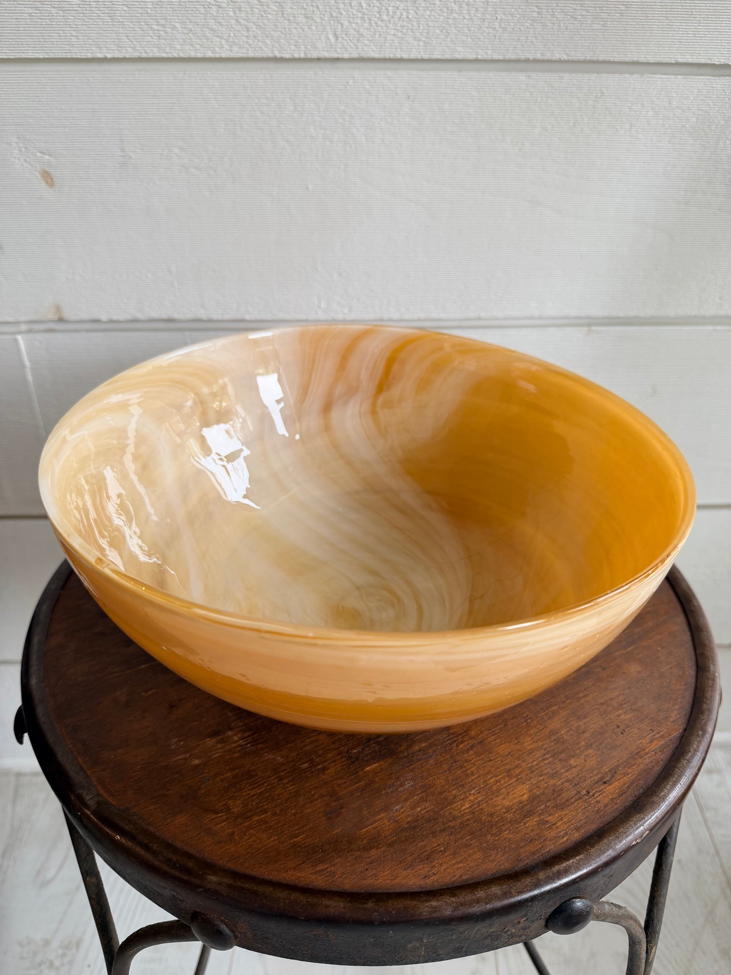 Orange & White Swirled Art Glass Serving Bowl