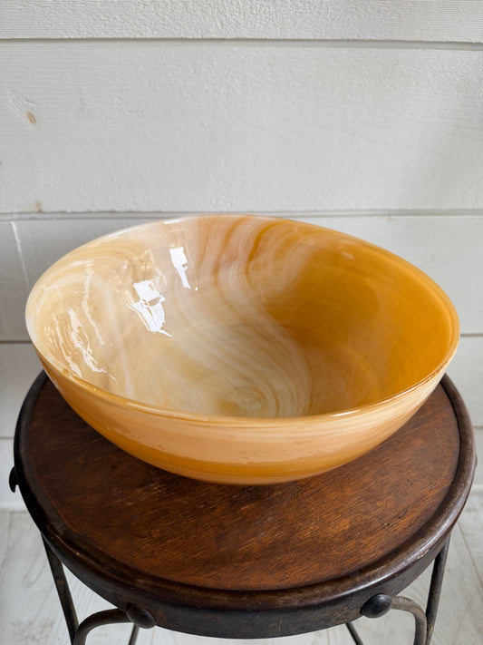 Orange & White Swirled Art Glass Serving Bowl