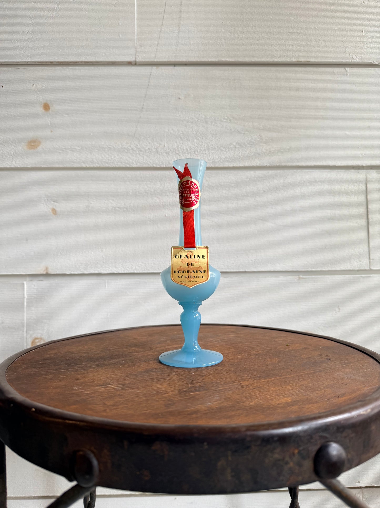 French Blue Opaline Vase w/ Original Tag