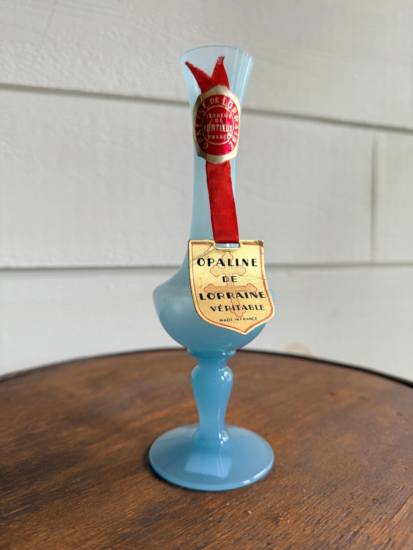 French Blue Opaline Vase w/ Original Tag