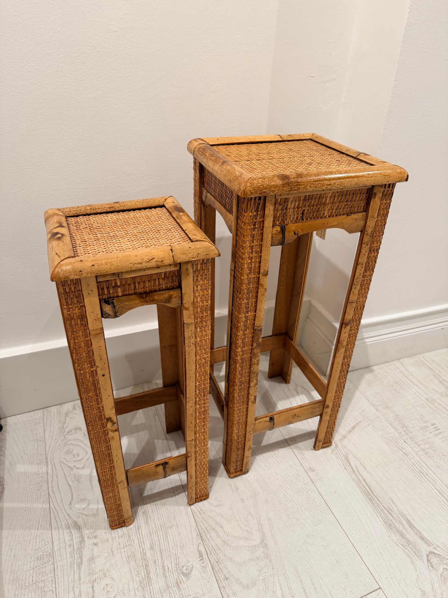 Pair of Bamboo & Rattan Nesting Plant Stand Tables