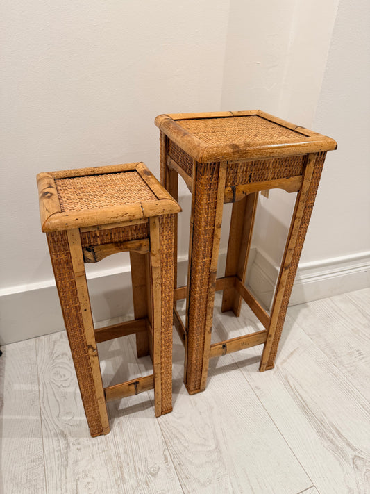 Pair of Bamboo & Rattan Nesting Plant Stand Tables