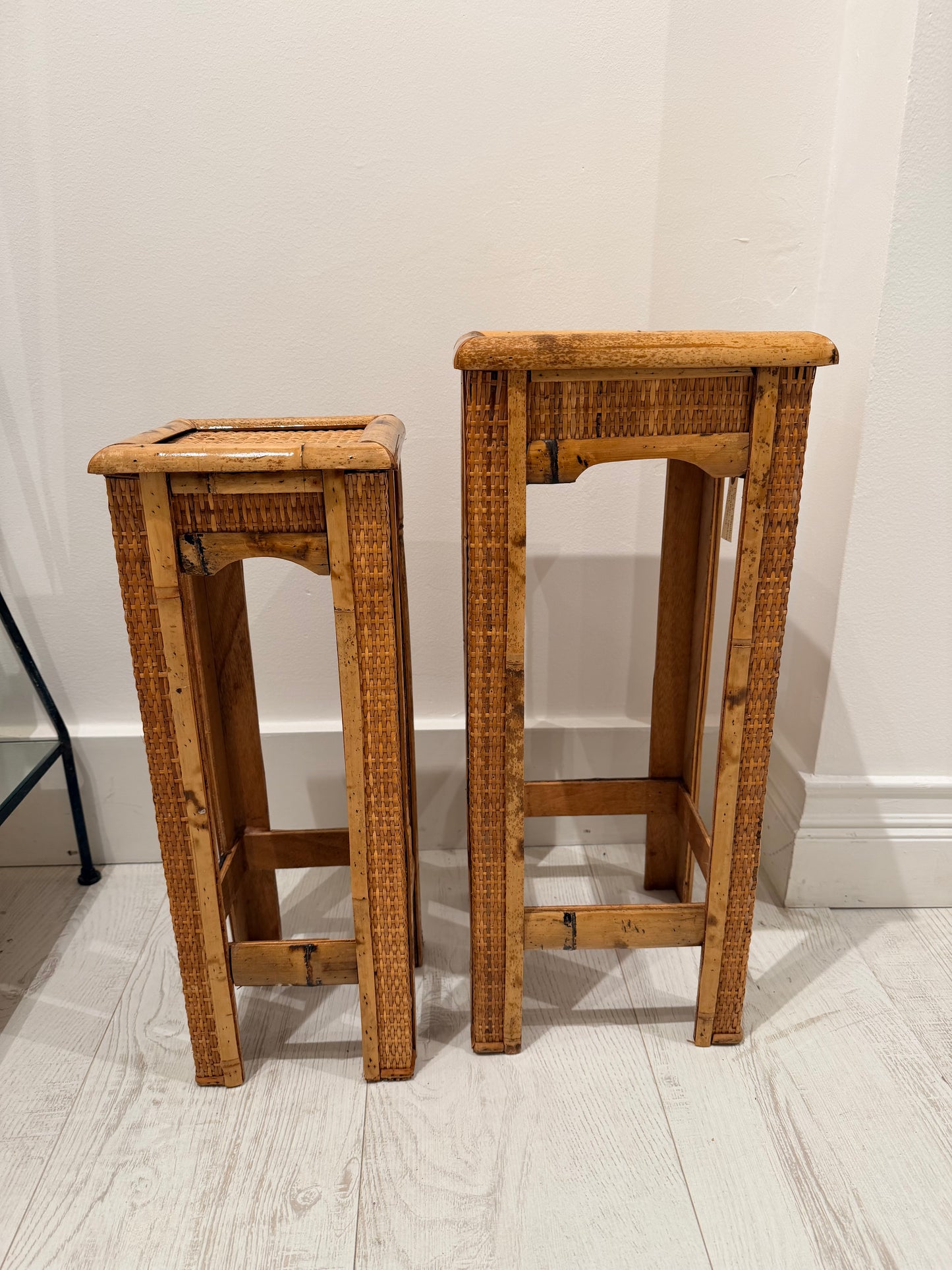 Pair of Bamboo & Rattan Nesting Plant Stand Tables