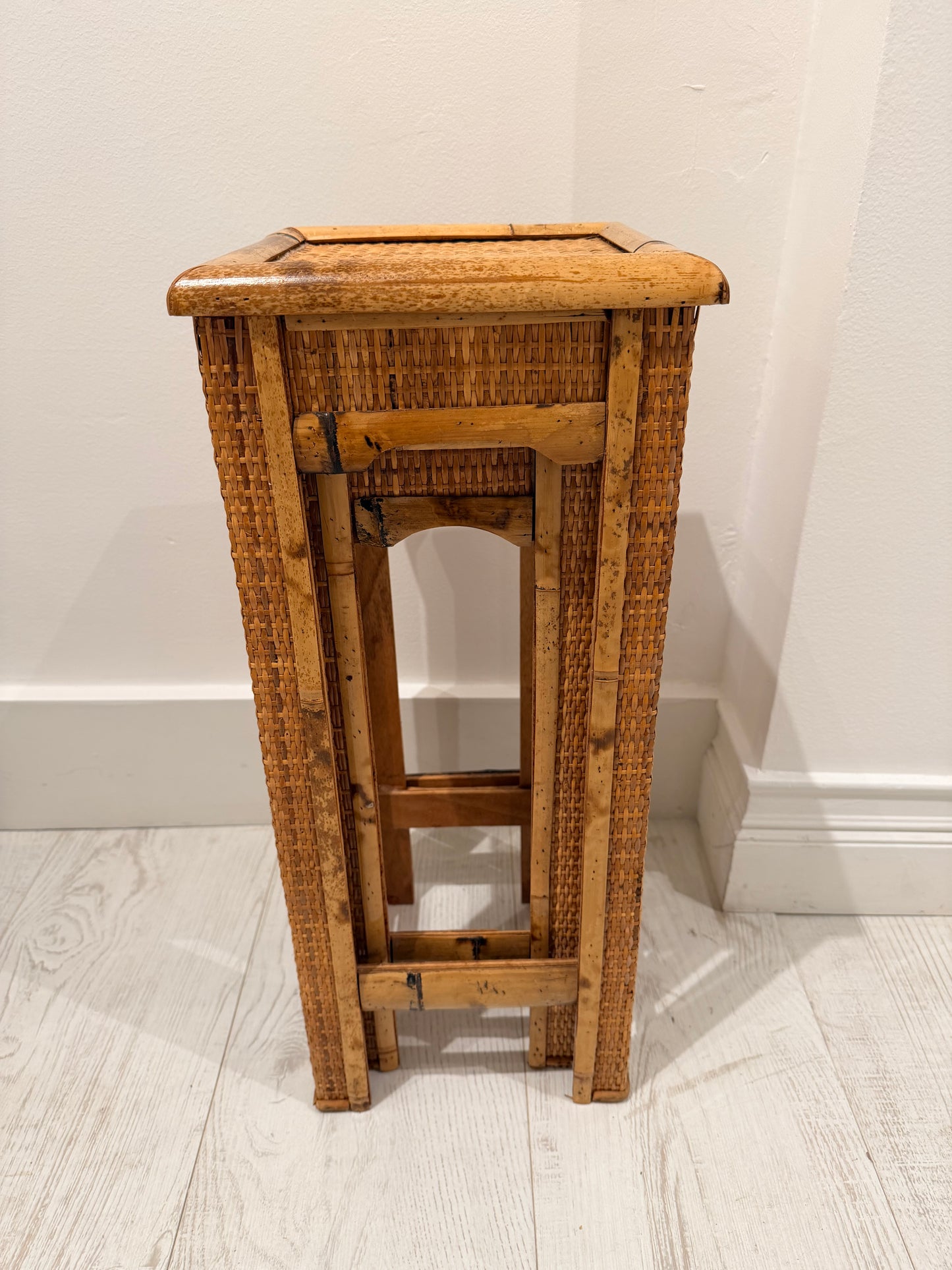 Pair of Bamboo & Rattan Nesting Plant Stand Tables