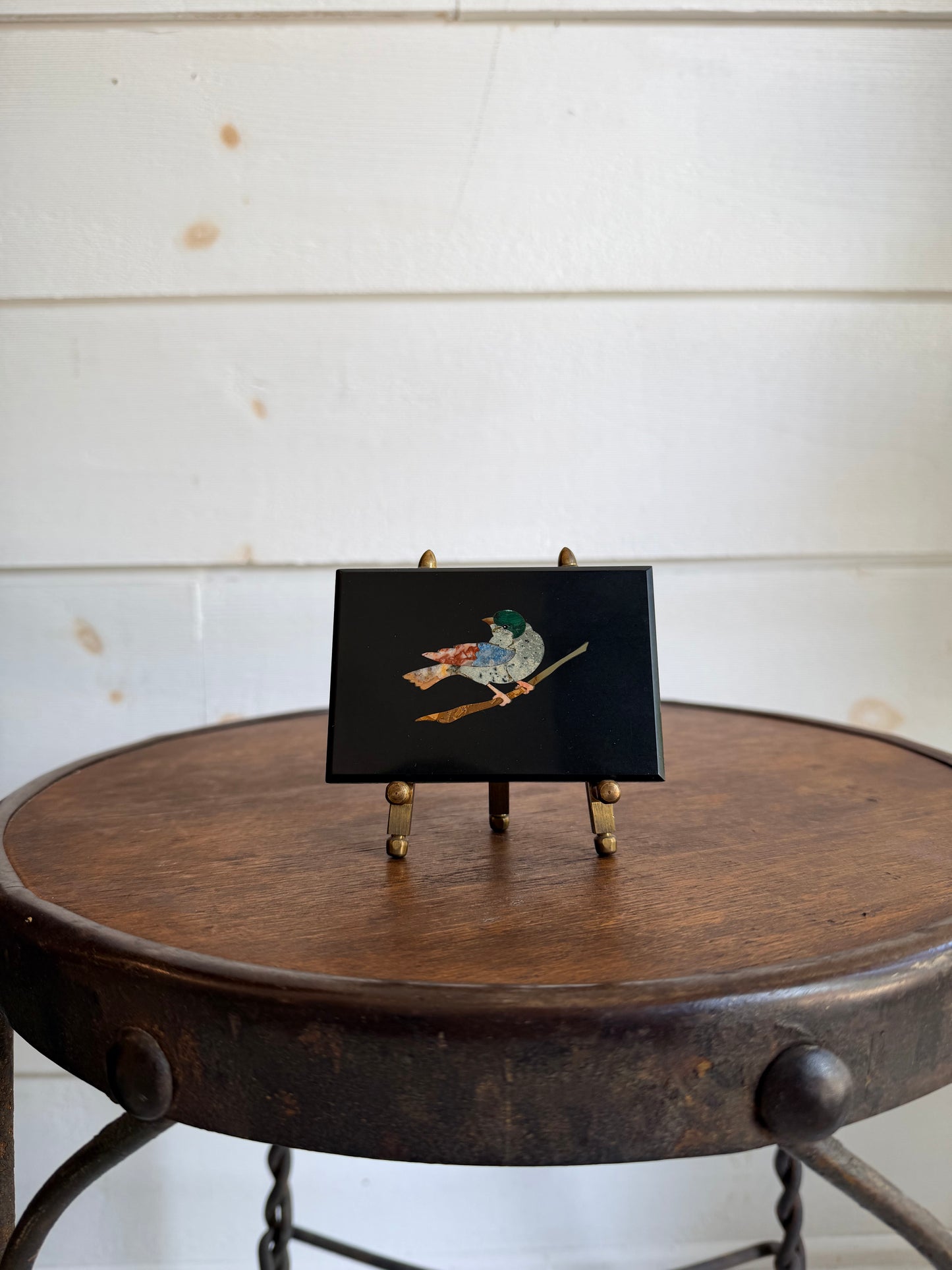 Italian Mini Pietra Dura Bird Plaque on Brass Easel