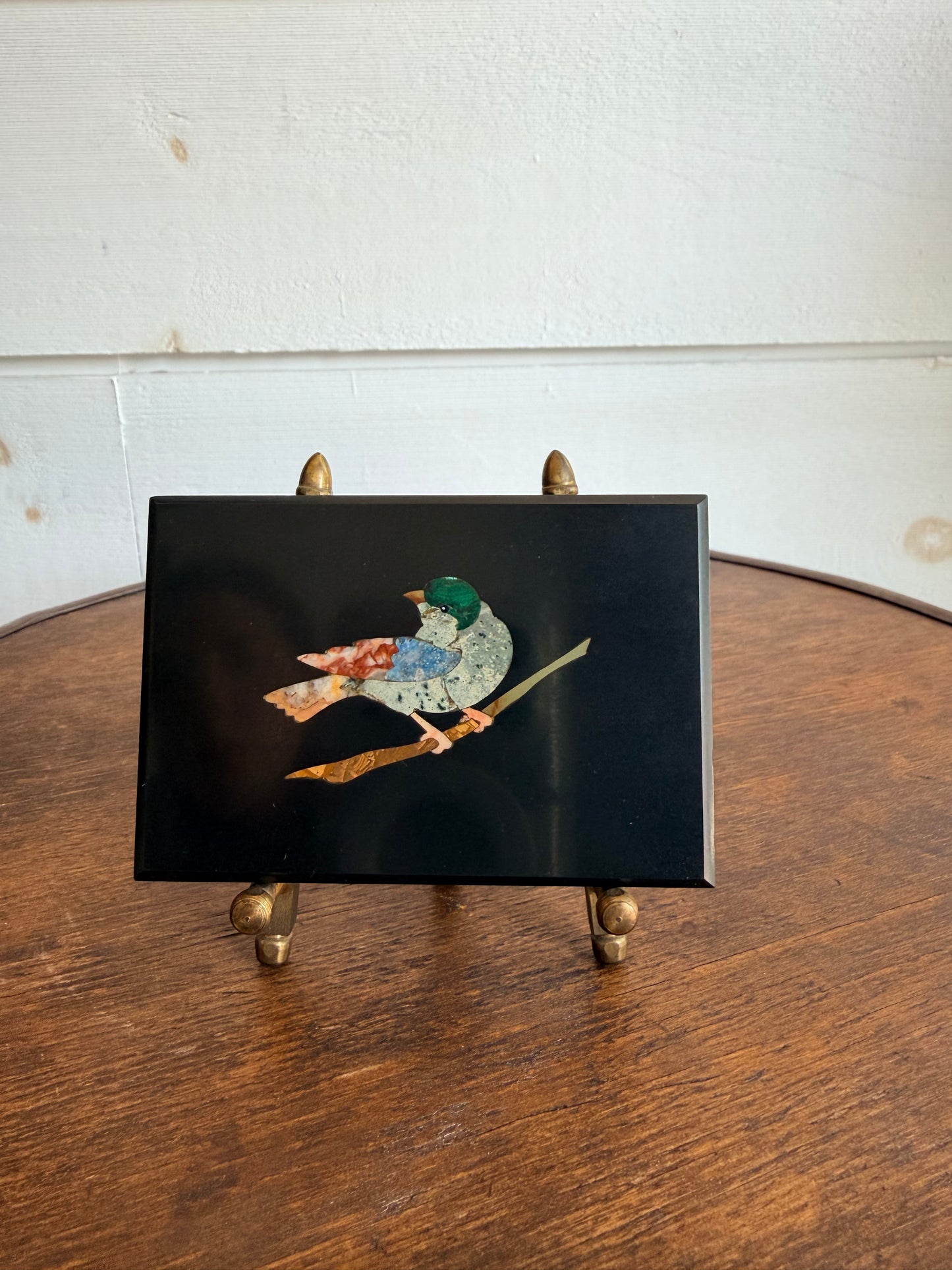 Italian Mini Pietra Dura Bird Plaque on Brass Easel