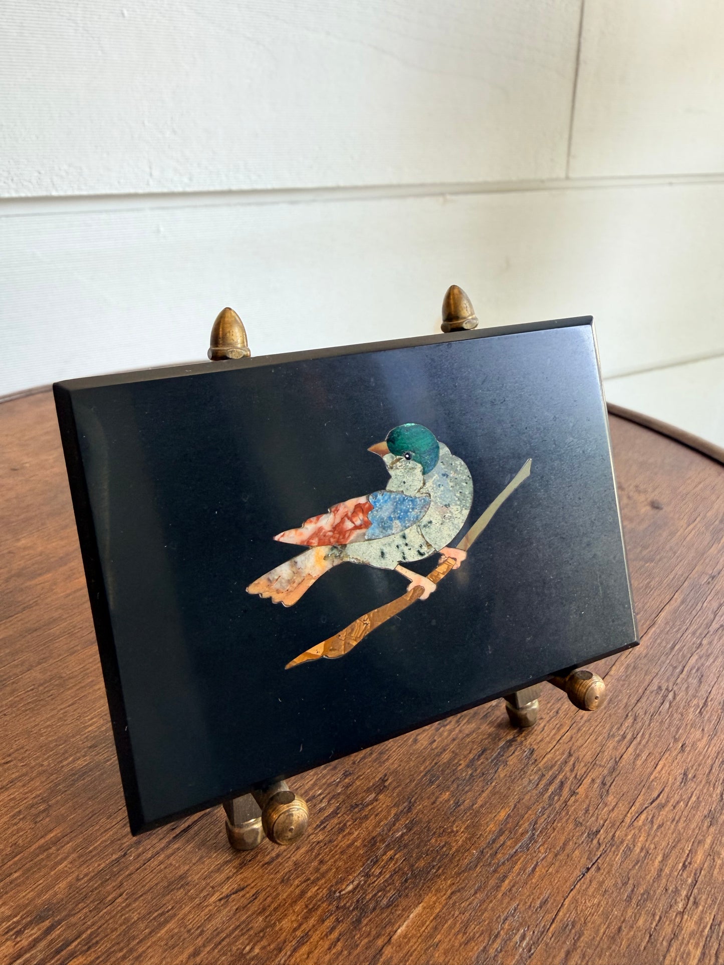Italian Mini Pietra Dura Bird Plaque on Brass Easel